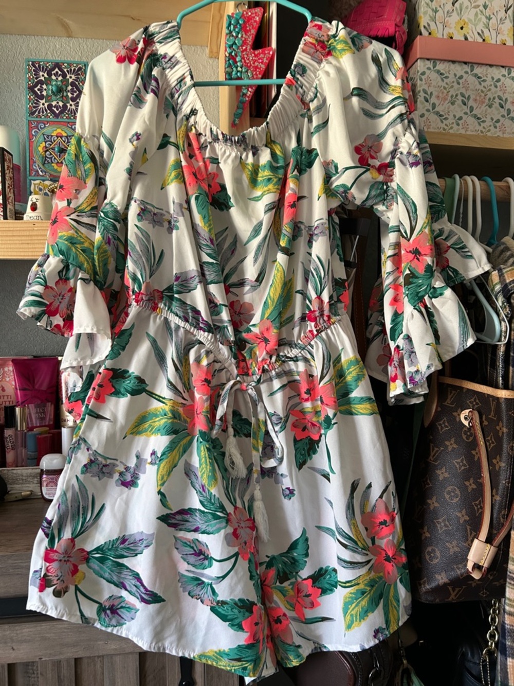 Blush White Mini Dress with Coral & Green Floral Print